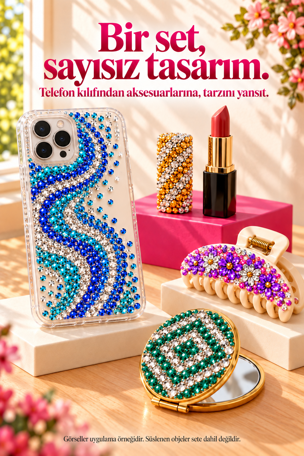 Renkli taşlarla süslenmiş telefon kılıfı, saç tokası, el aynası ve ruj dış kapağı örnekleri
