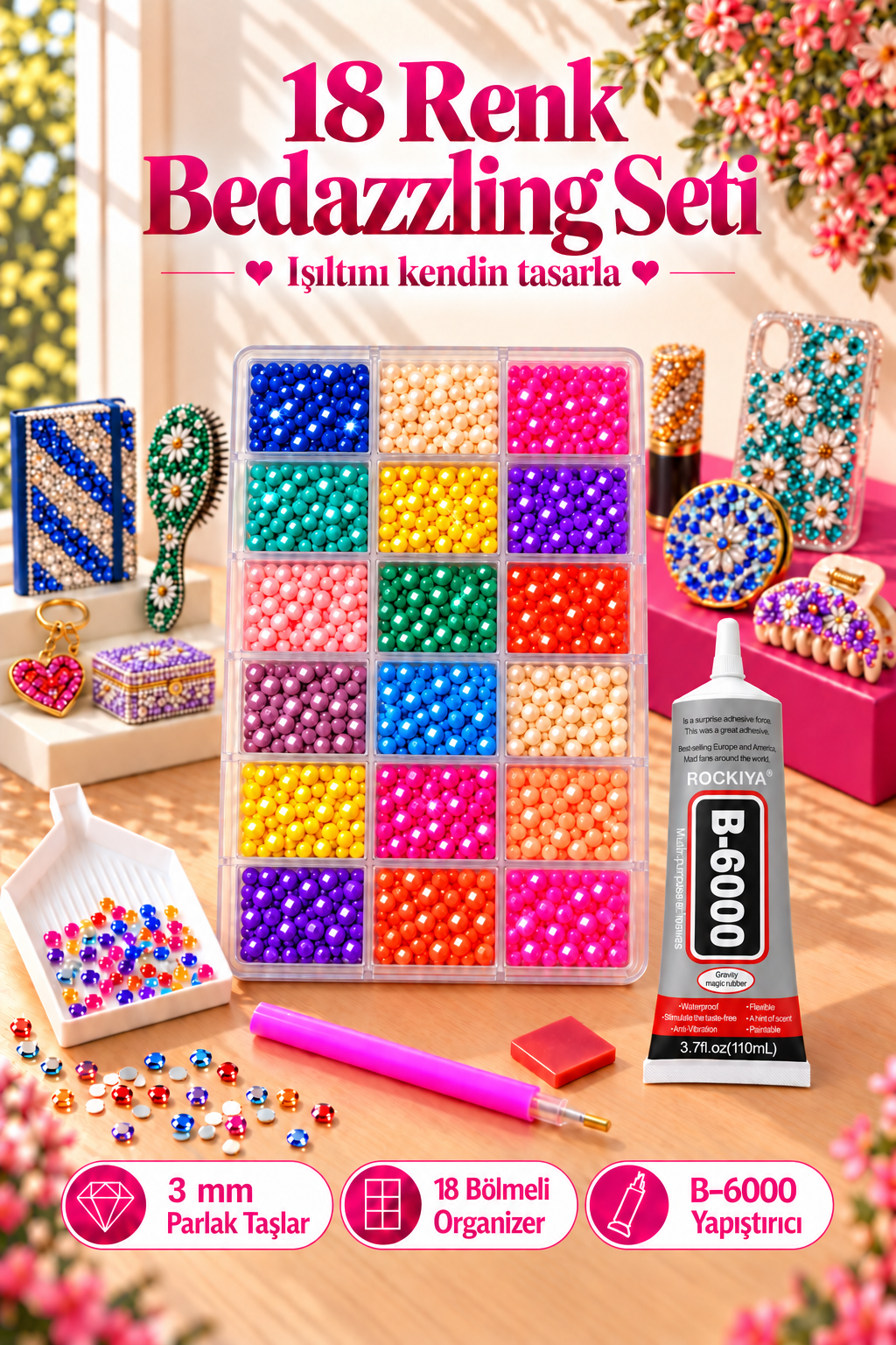 Bedazzling seti tanıtımı: taş organizeri, uygulama kalemi, tepsi, mum ve B-6000 yapıştırıcı