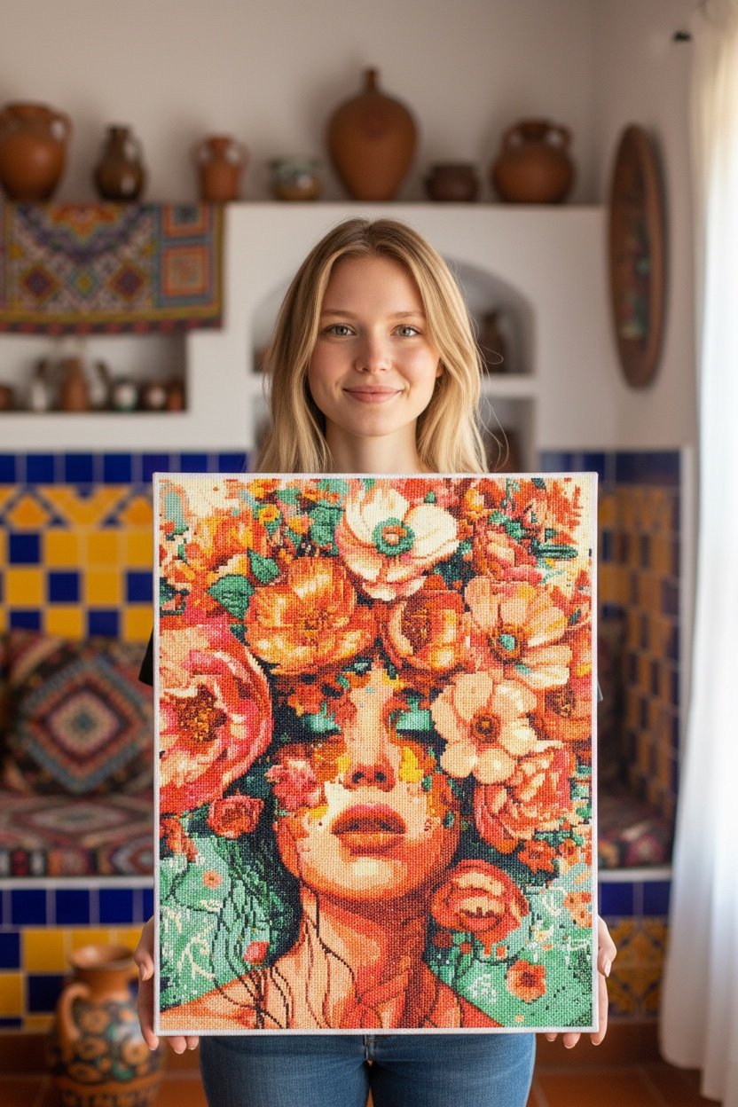 Renkli Çiçekli Kadın - hondep 5D Elmas Boyama