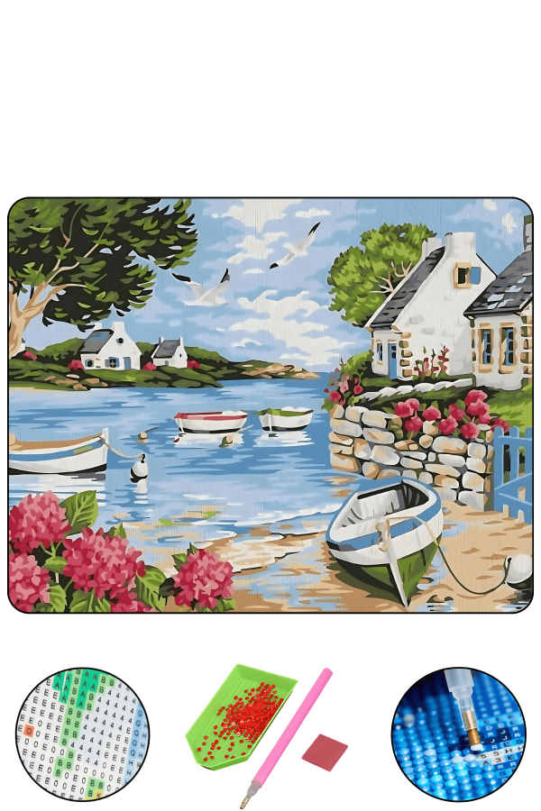 HONDEP 5D Elmas Boyama Seti – Deniz Kıyısında Huzurlu Köy 40x50 cm Tuvale Gerili Diamond Painting Tablo