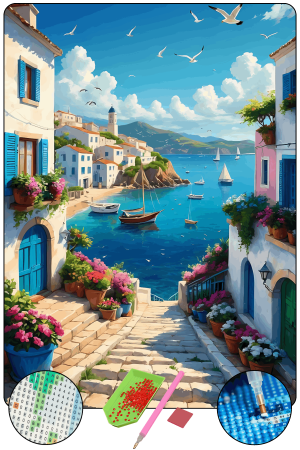 HONDEP 5D Elmas Boyama Seti – Akdeniz Sahil Kasabası 40x50 cm Tuvale Gerili Diamond Painting Tablo
