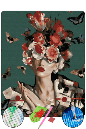 HONDEP 5D Elmas Boyama Seti – Çiçek Taçlı Kadın ve Kelebekler 40x50 cm Tuvale Gerili Diamond Painting Tablo