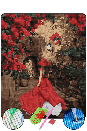 HONDEP 5D Elmas Boyama Seti – Kırmızı Elbiseli Kadın 40x50 cm Tuvale Gerili Diamond Painting Tablo