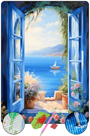 HONDEP 5D Elmas Boyama Seti – Mavi Pencere ve Deniz Manzarası 40x50 cm Tuvale Gerili Diamond Painting Tablo