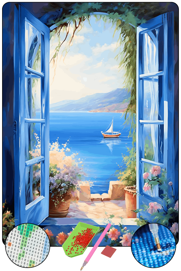 HONDEP 5D Elmas Boyama Seti – Mavi Pencere ve Deniz Manzarası 40x50 cm Tuvale Gerili Diamond Painting Tablo
