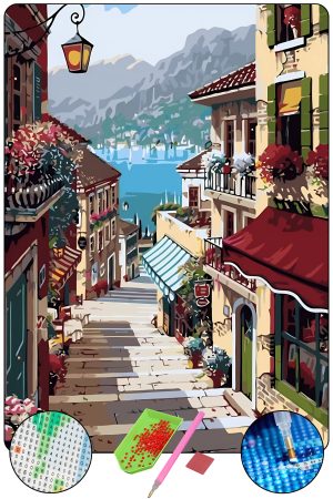 HONDEP 5D Elmas Boyama Seti – Taş Sokak ve Deniz Manzarası 40x50 cm Tuvale Gerili Diamond Painting Tablo